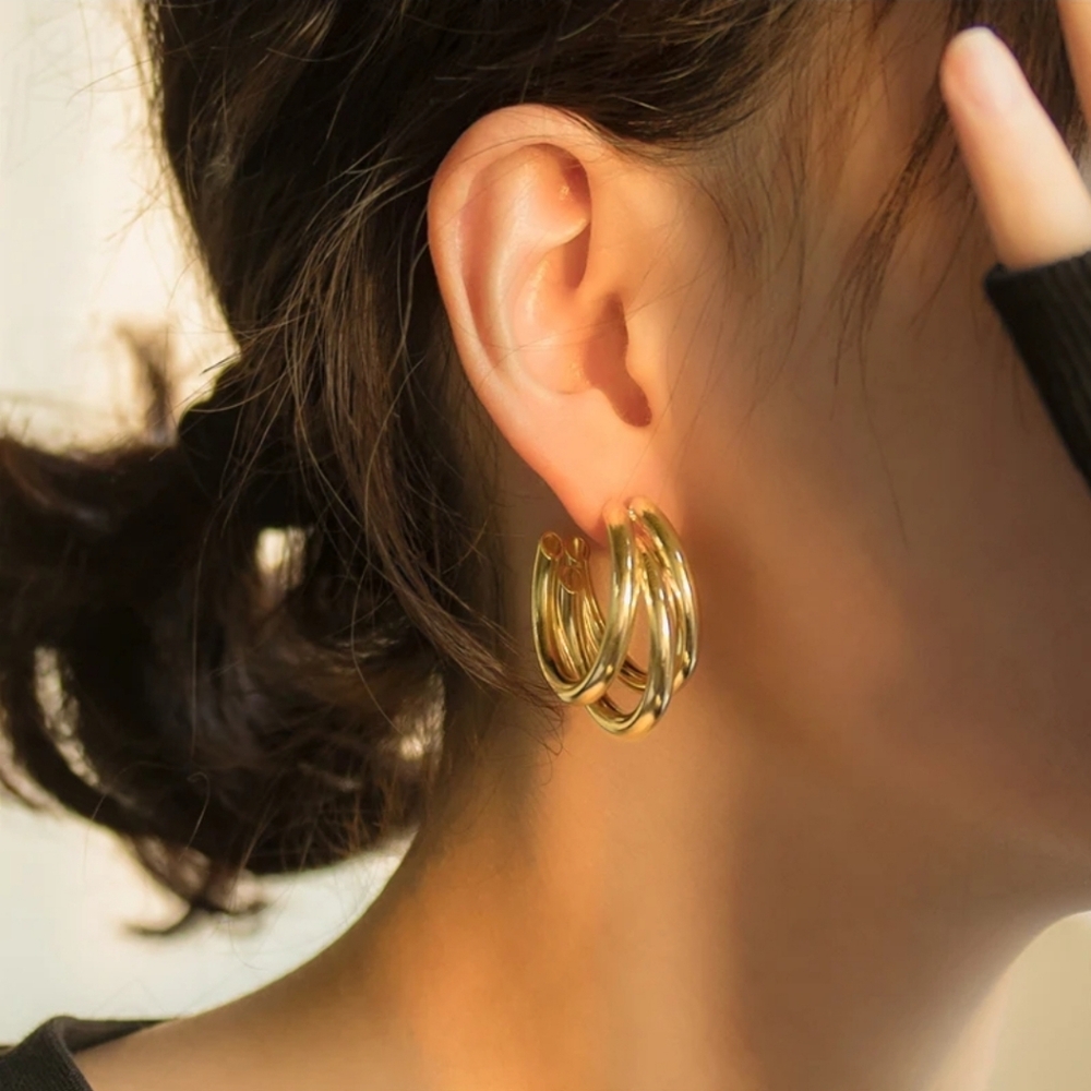 Layered Silver Half Hoop Earrings - Picture 2 of 8